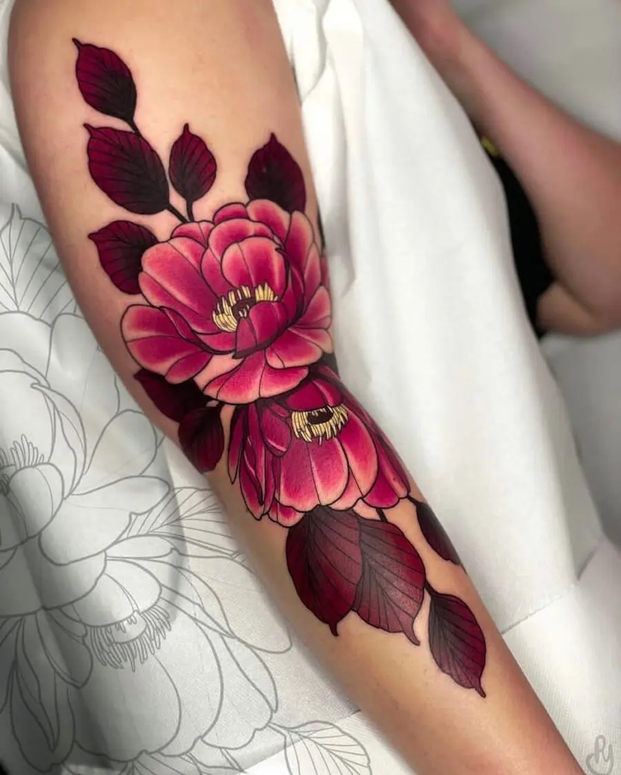 Vibrant neo-traditional floral tattoo design
