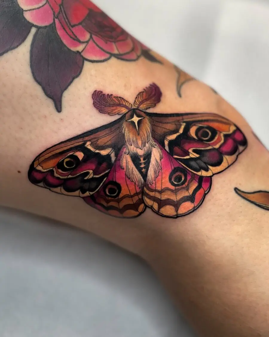 Striking neo-traditional moth tattoo design