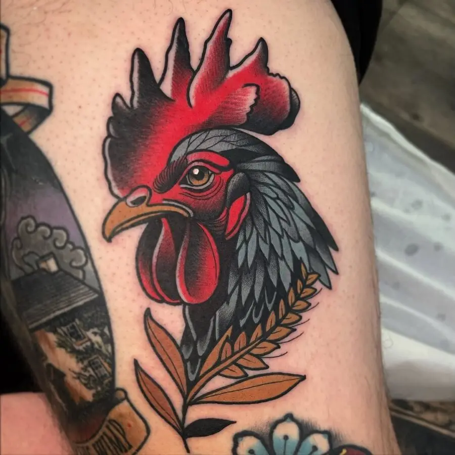 Vibrant rooster design showcasing bold traditional elements