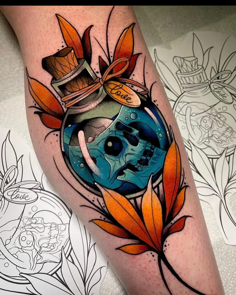 Captivating neo-traditional skull in potion design