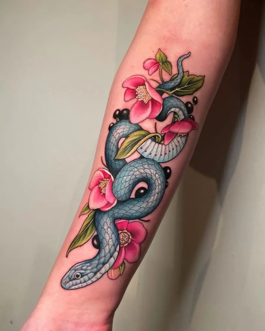 Vibrant snake entwined with blooming flowers