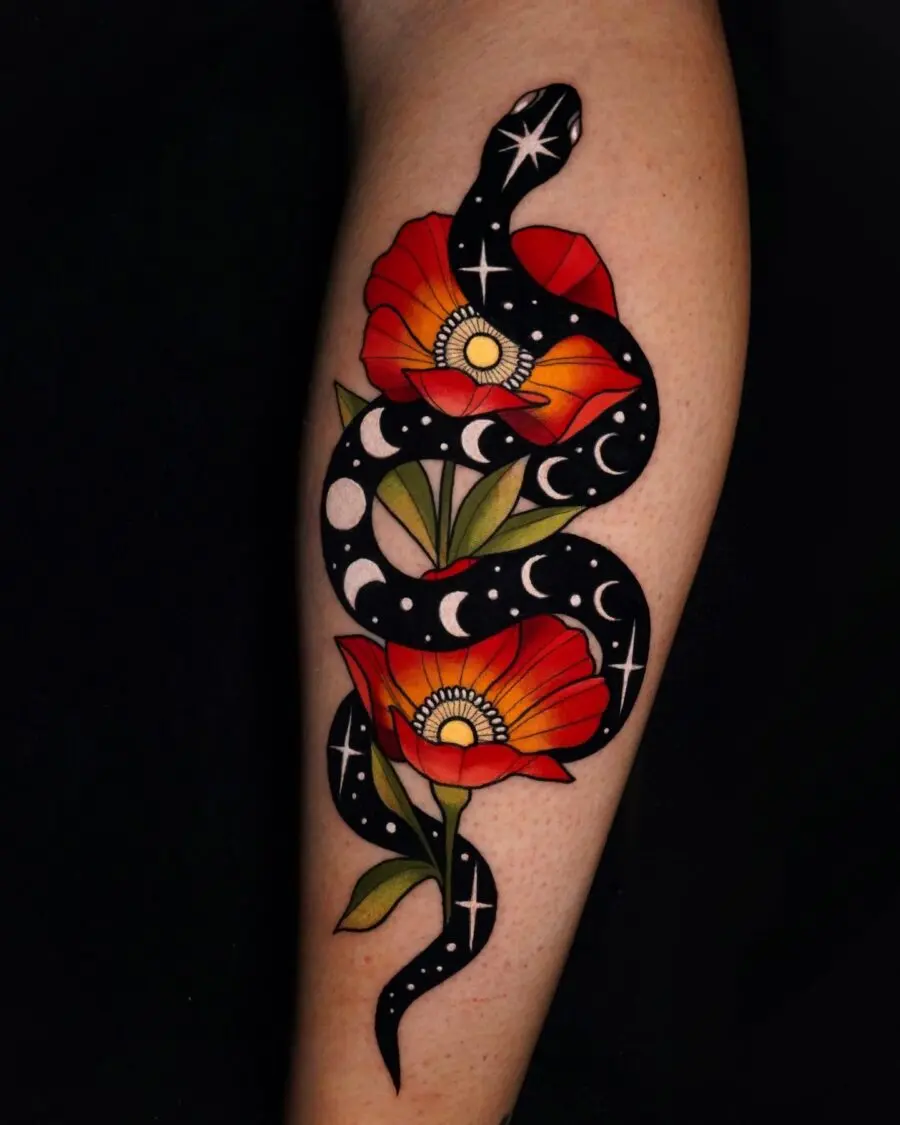 Colorful snake intertwined with vibrant flowers