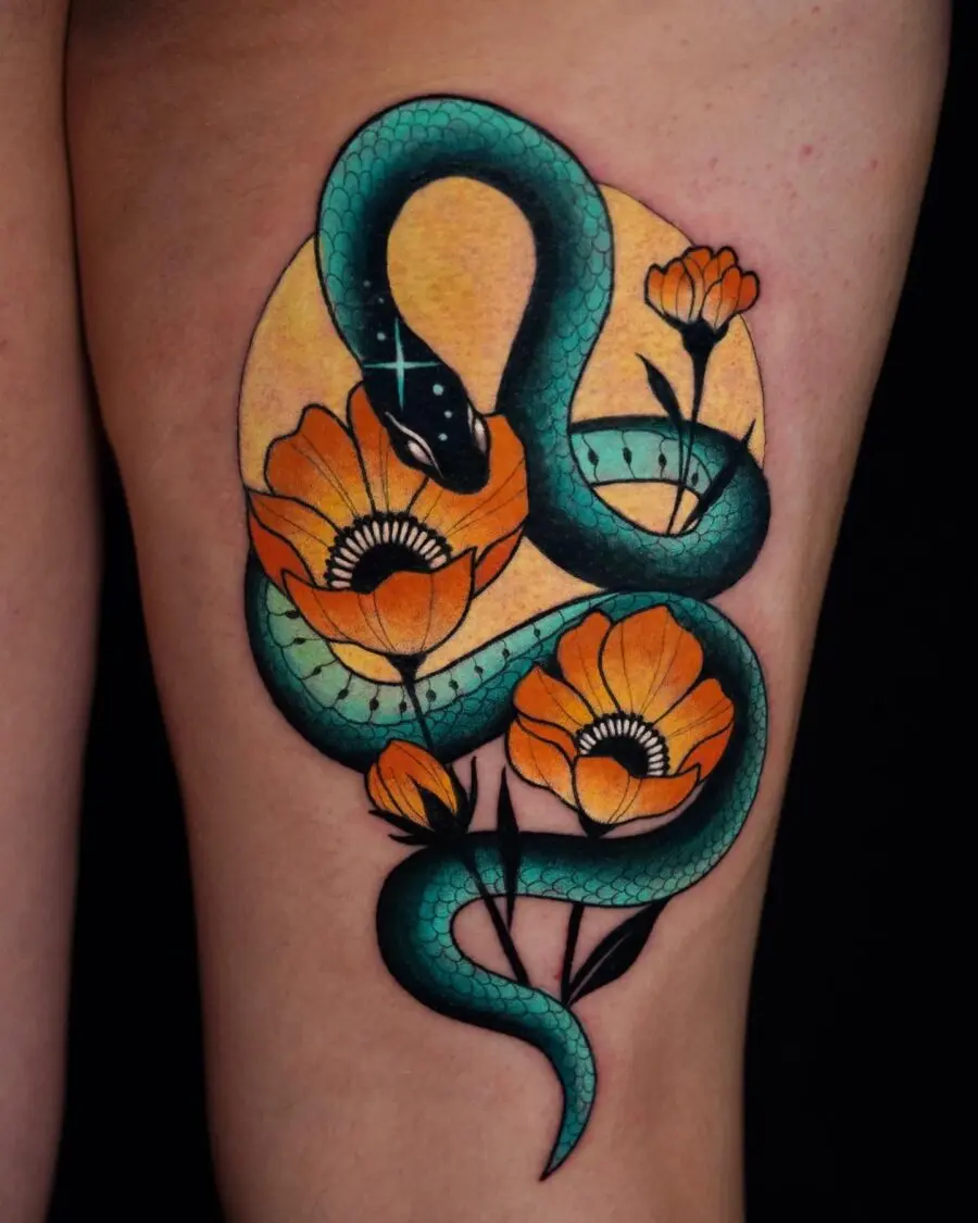 Vibrant Neo-Traditional Snake and Floral Design