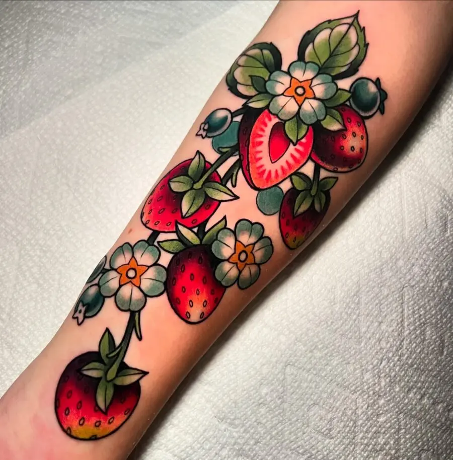 Vibrant neo traditional strawberry and flower design