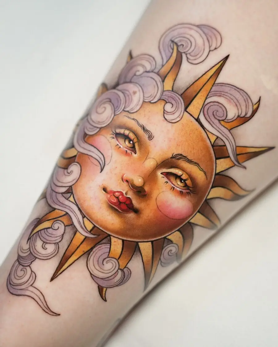 Neo Traditional Sun Face Tattoo Design