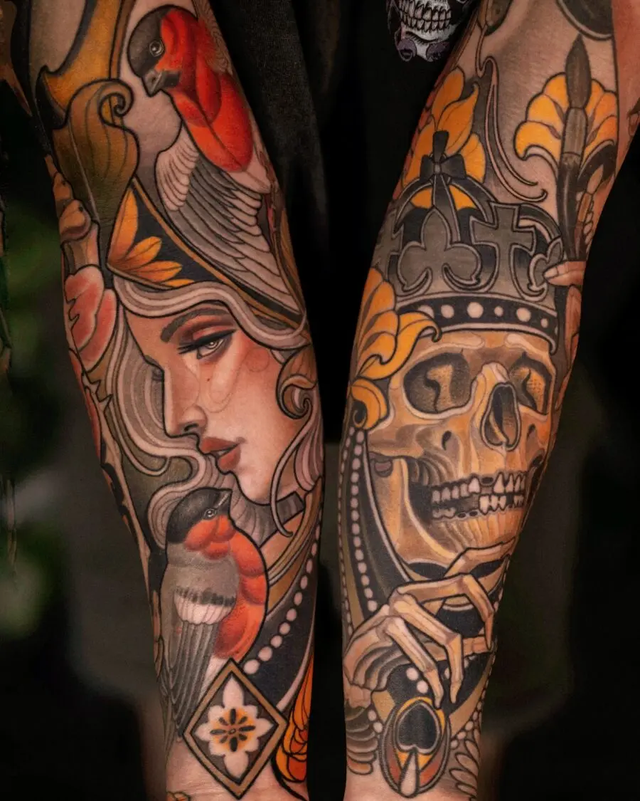 Stunning neo-traditional skull and portrait tattoos