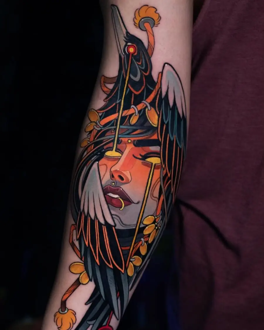 Striking neo-traditional female portrait tattoo design