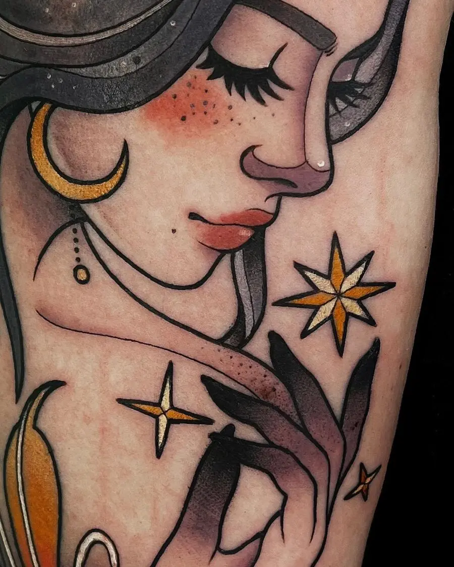 Elegant neo-traditional tattoo with celestial elements