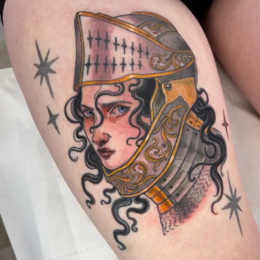 Knight-inspired neo traditional tattoo design
