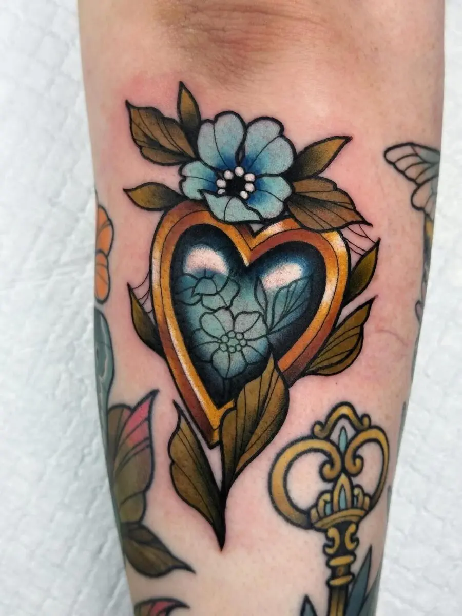 Vibrant neo-traditional heart-shaped tattoo design
