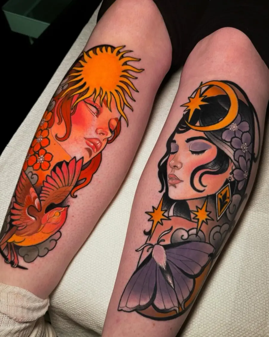 Vibrant Sun and Moon Neo-Traditional Tattoos