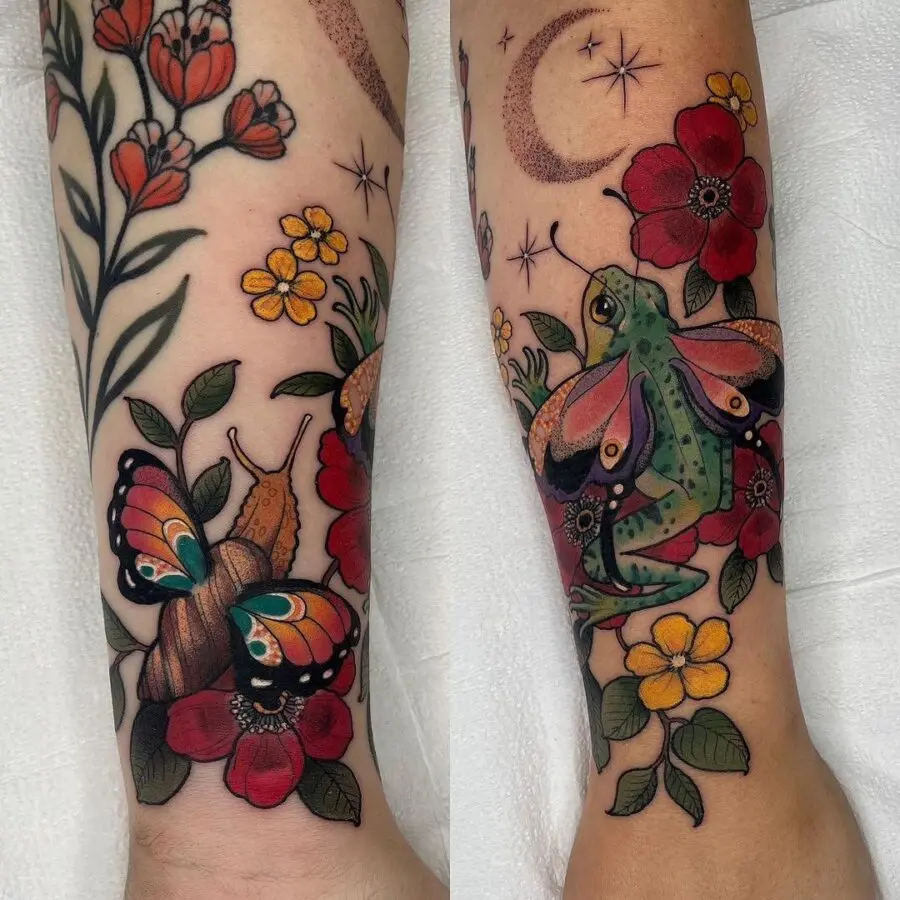 Vibrant neo-traditional flora and fauna tattoo design