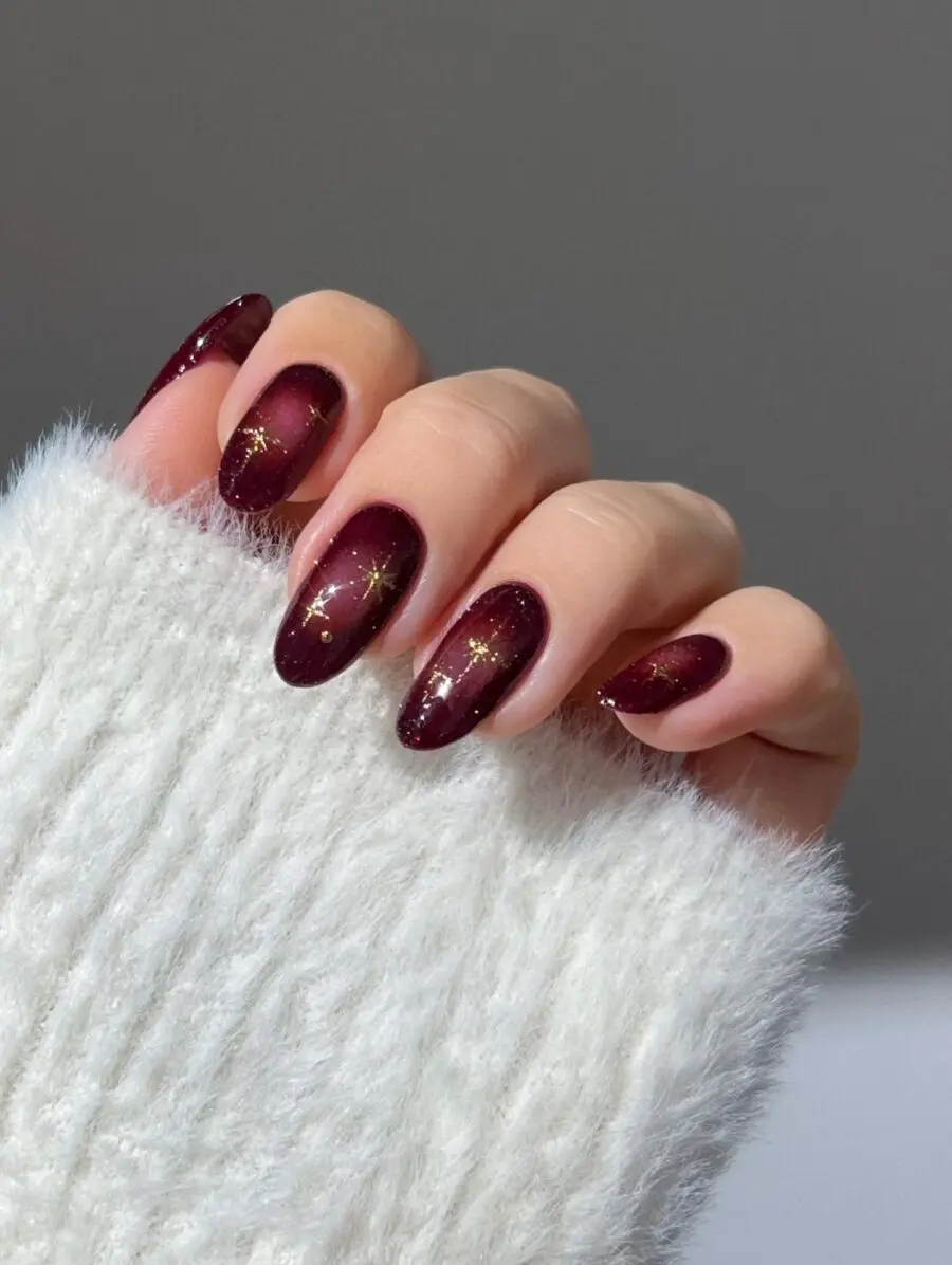Gorgeous Burgundy Nails with Sparkling Gold Accents