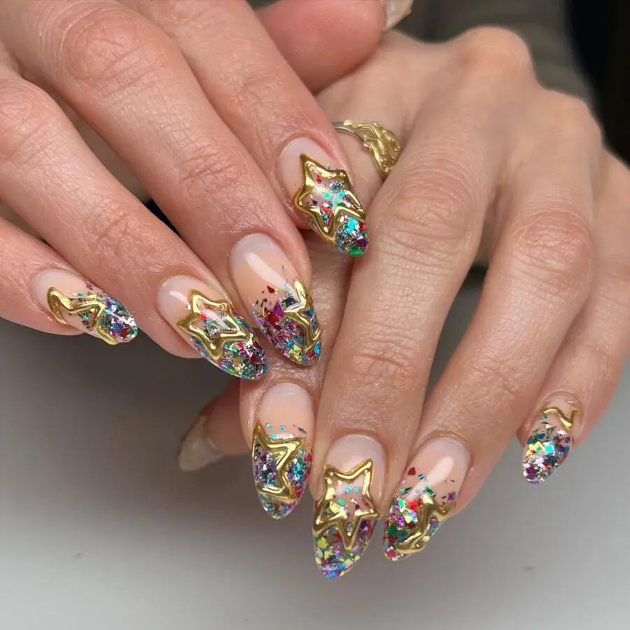 Stunning Glittery Star Design for New Year's Nails