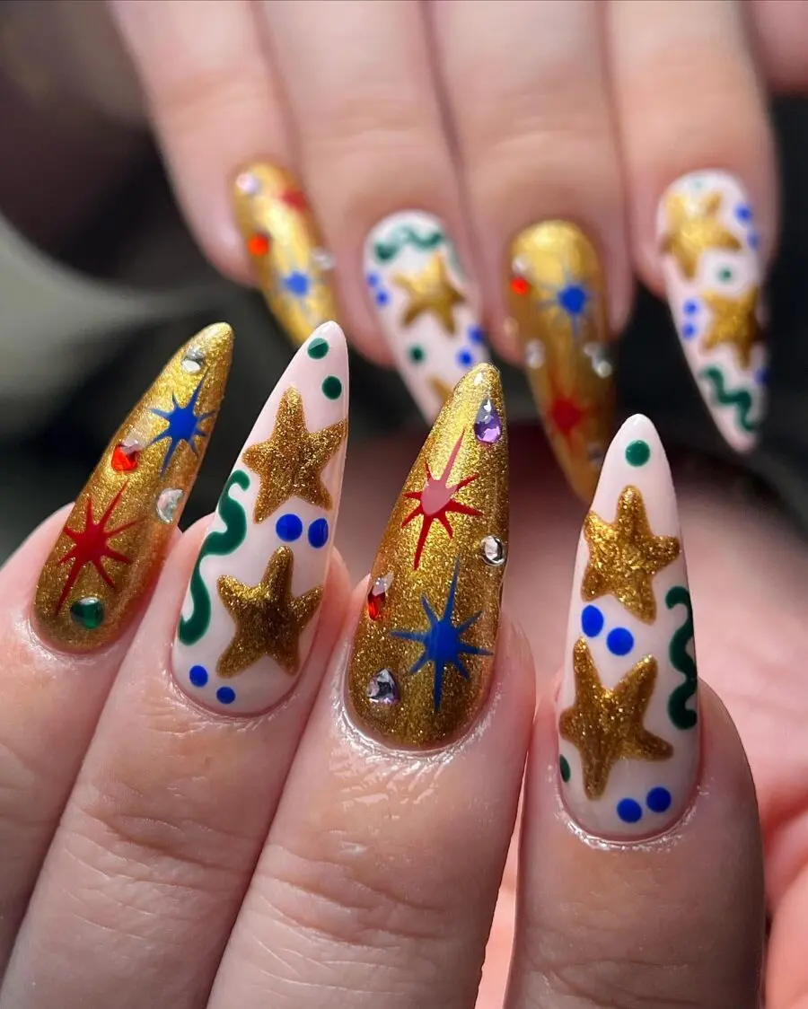 Sparkling gold and festive nail art design