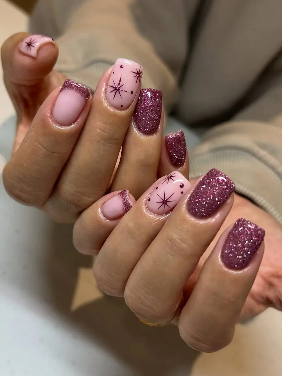 Elegant pink and glitter new year nails