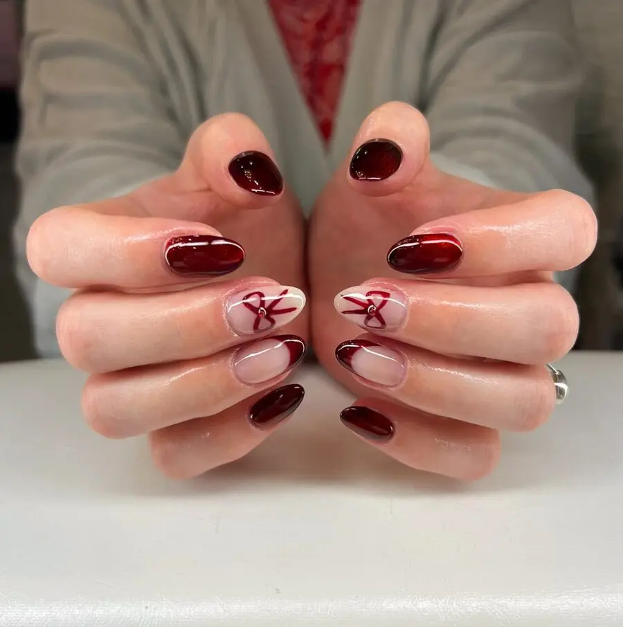 Elegant red and white sparkling New Year's nails
