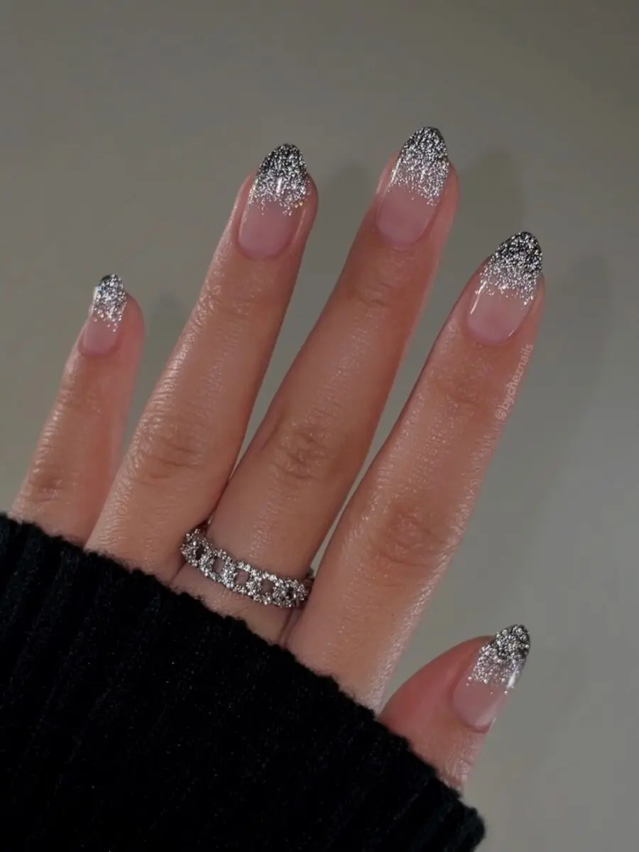 Chic Sparkly Black and Silver French Tips