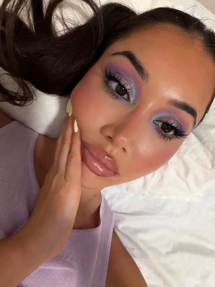 Glamorous purple glitter prom makeup look