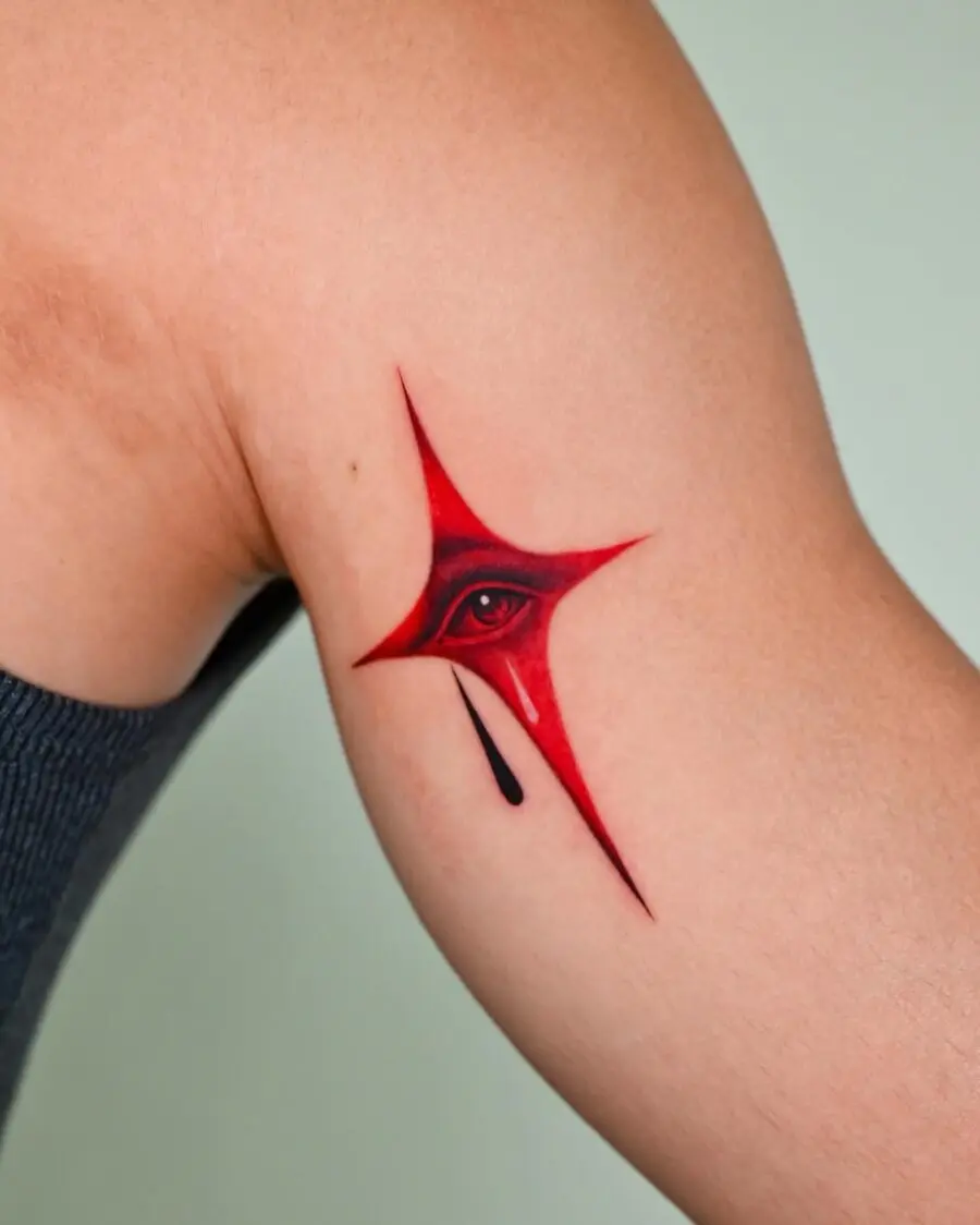 Intricate Red Ink Eye Tattoo Design