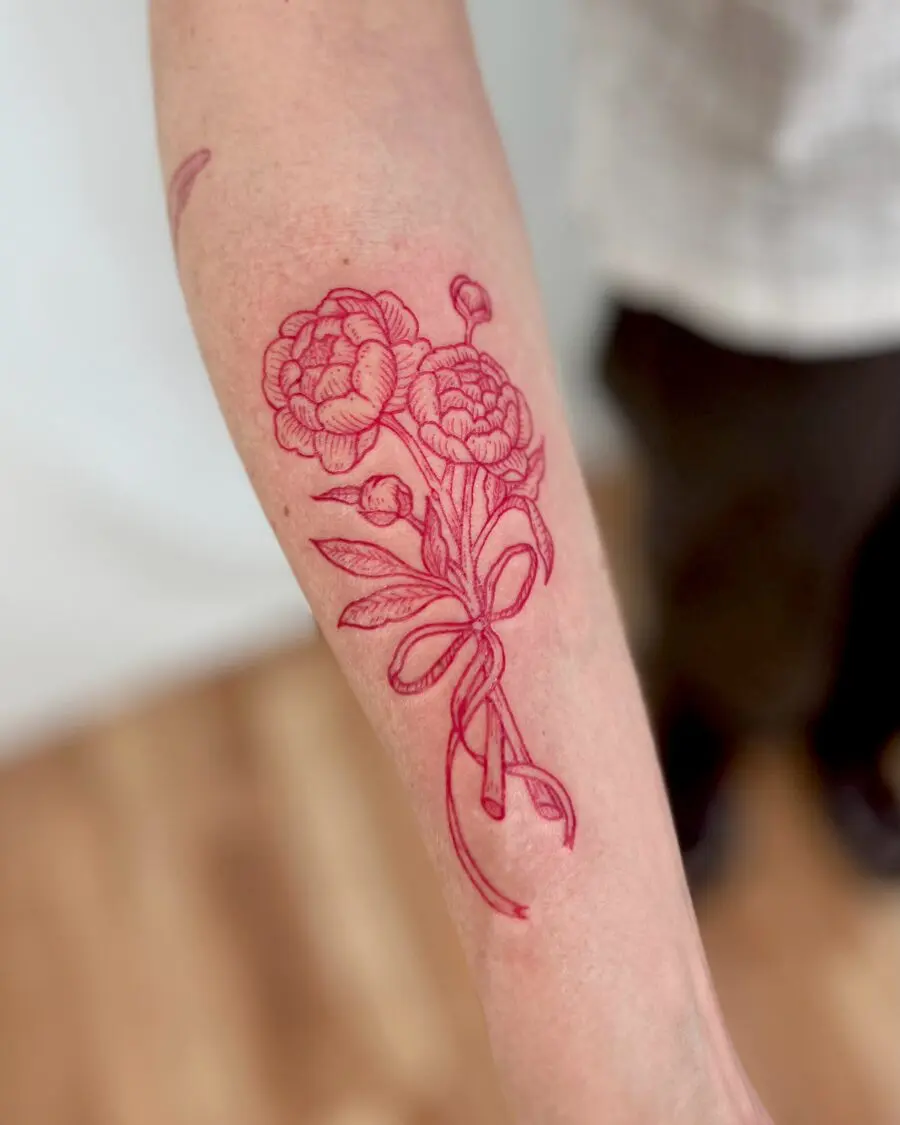 Elegant red ink peony tattoo design