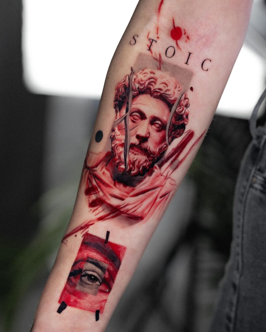 Bold Red Ink Stoic Figure Tattoo Design
