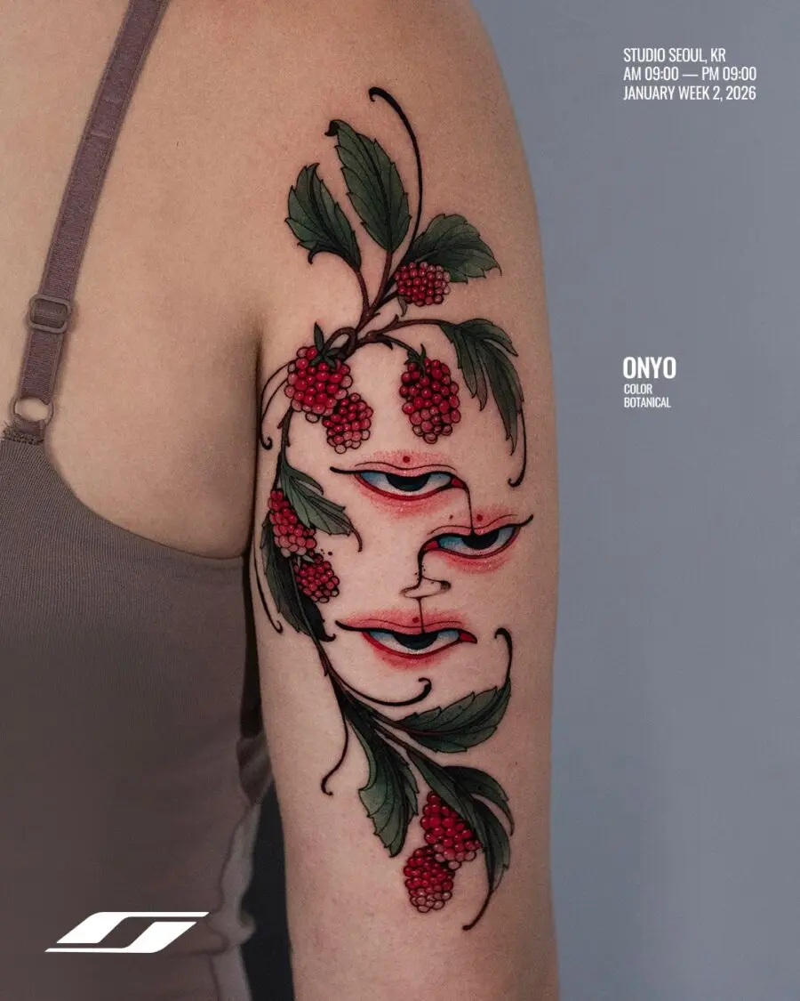 Intricate red ink tattoo featuring botanical elements
