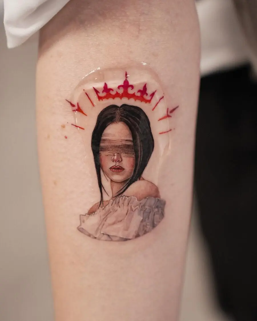 Striking Red Ink Portrait with Crown Detail