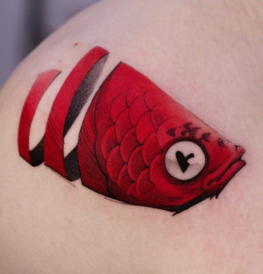Striking red fish tattoo with unique elements