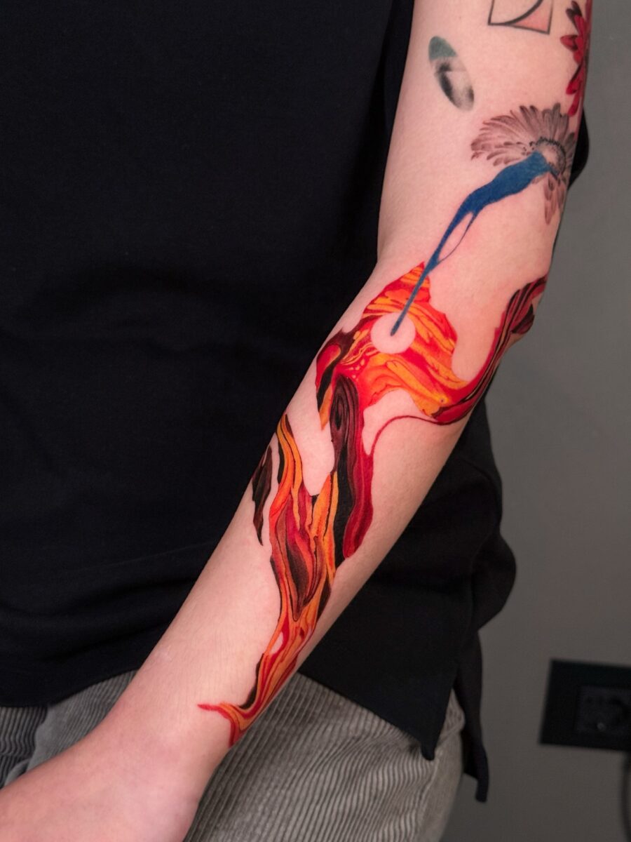 Vibrant flames intertwine in red ink art