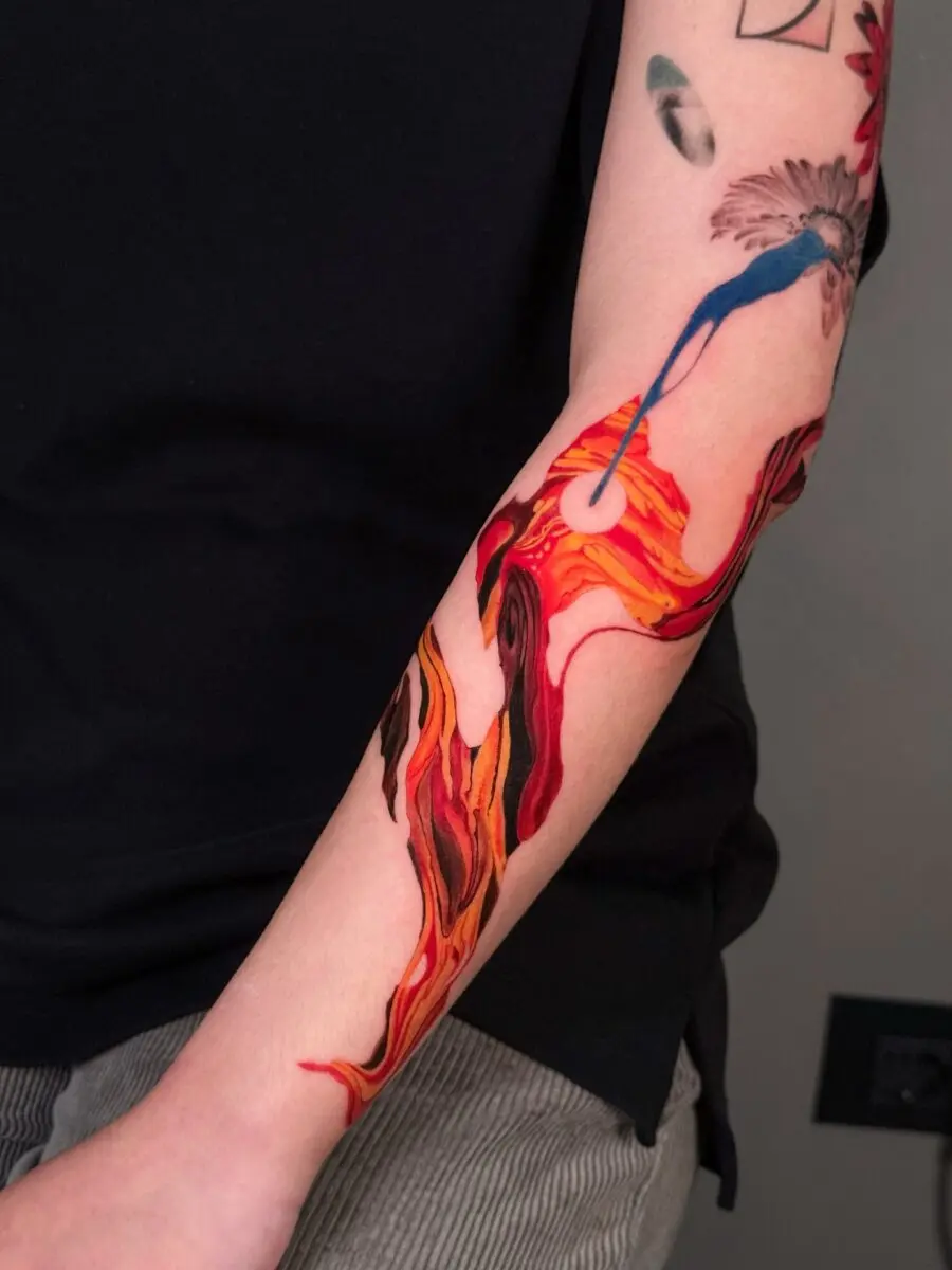 Vibrant flames intertwine in red ink art