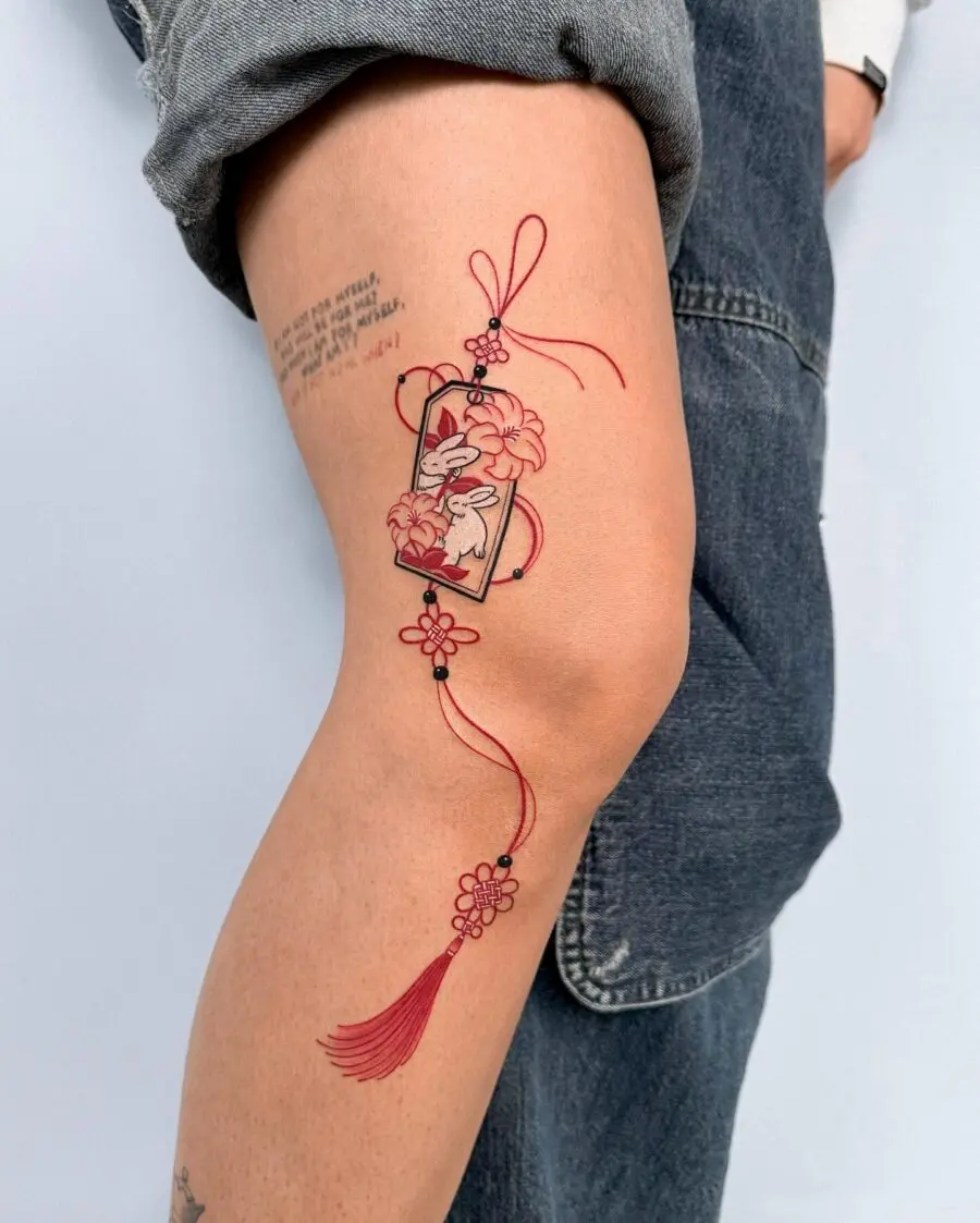 Elegant red ink tattoo with floral details