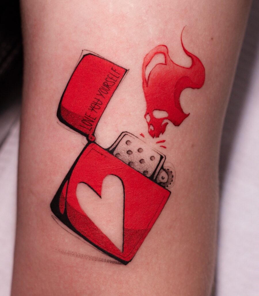 Bold red ink tattoo featuring unique lighter design