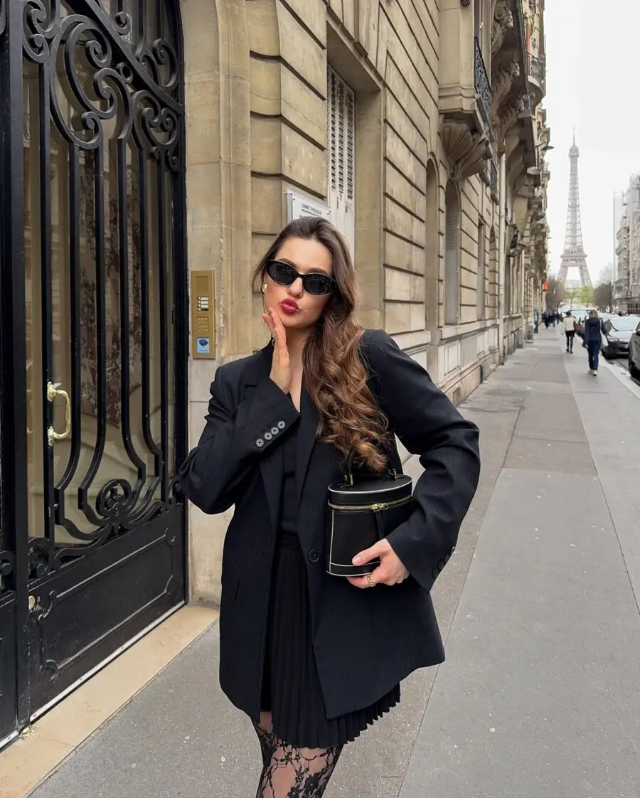 Chic Semi-Formal Look with Eiffel Tower Backdrop