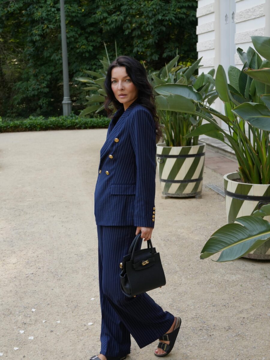 Chic striped semi-formal outfit with confidence