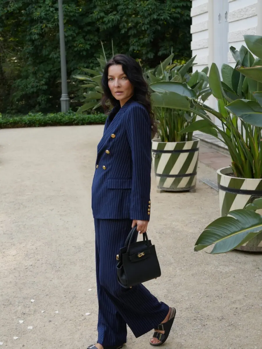 Chic striped semi-formal outfit with confidence