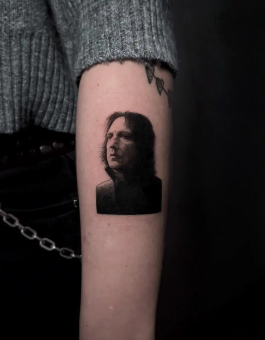 Intricate Severus Snape Tattoo in Black and Gray