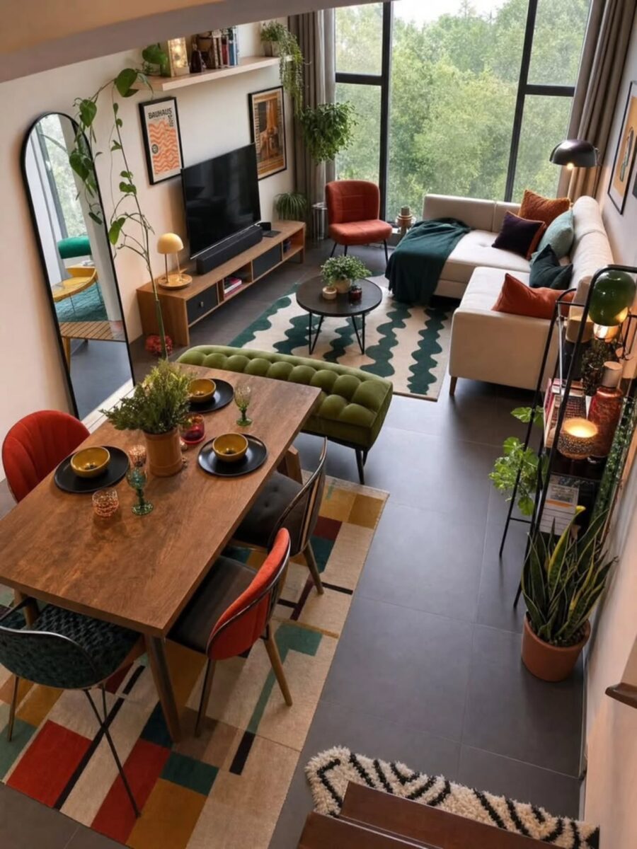 Colorful small living room with a cozy vibe
