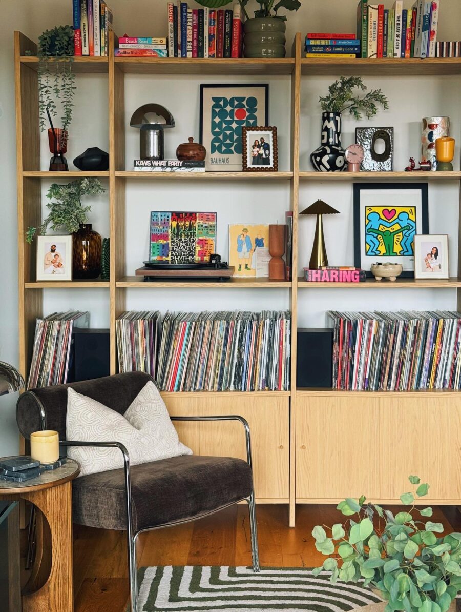 Stylish wooden shelves enhance cozy living space