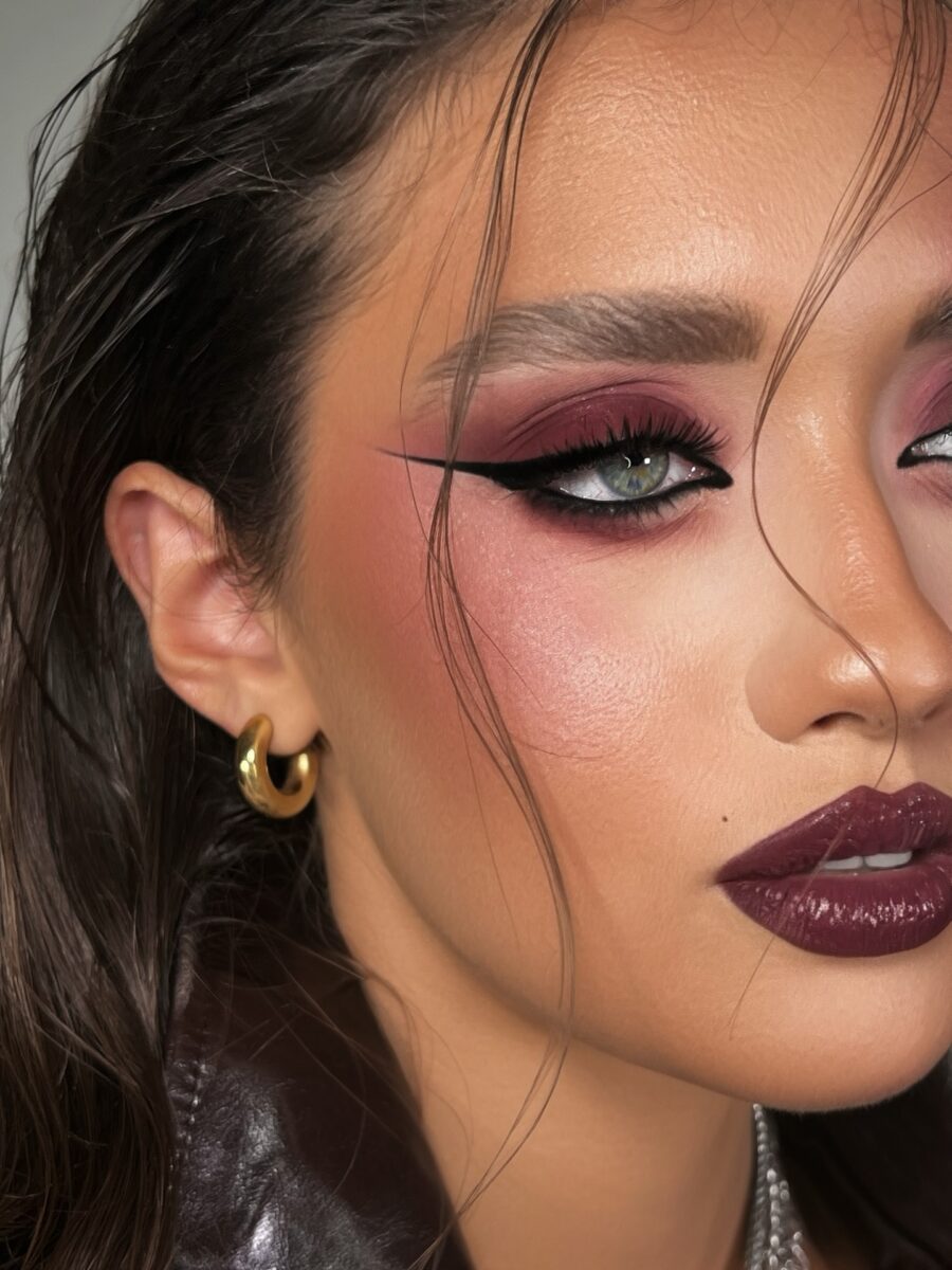 Striking smokey eye with bold lip accents