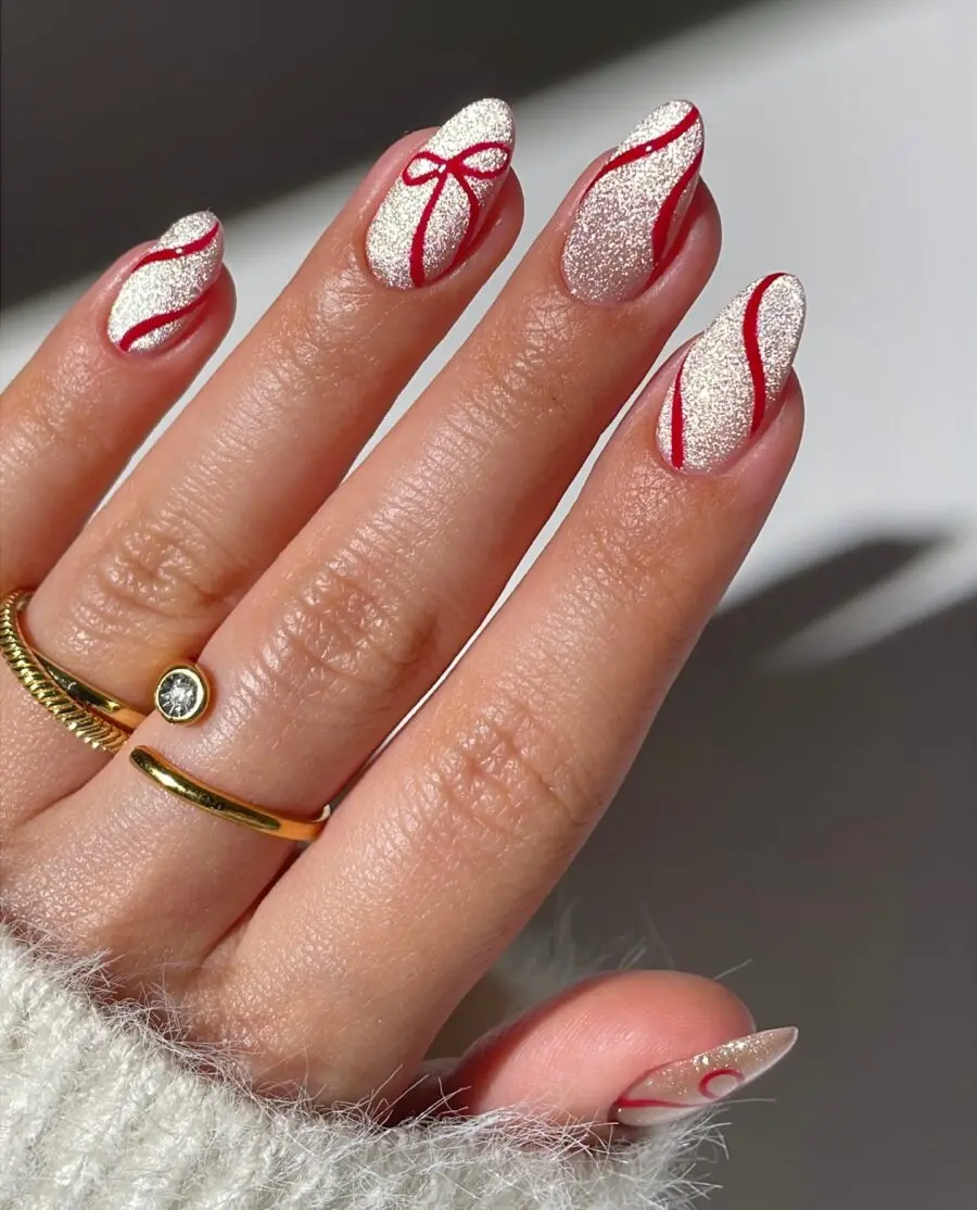 Charming Christmas Nails with Dazzling Bow Design
