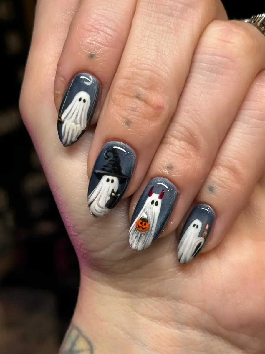Spooky ghost and witch nail art design