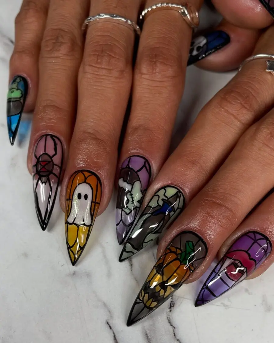Vibrant Halloween-Themed Stained Glass Nail Art