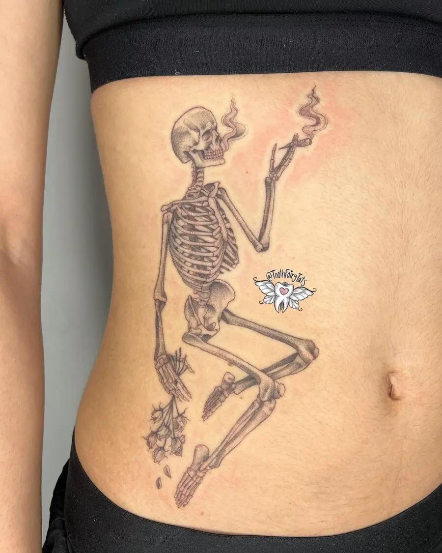 Artistic skeleton tattoo with smoke effects