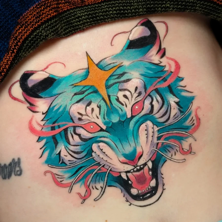 Vibrant Tiger Tattoo with Unique Color Palette