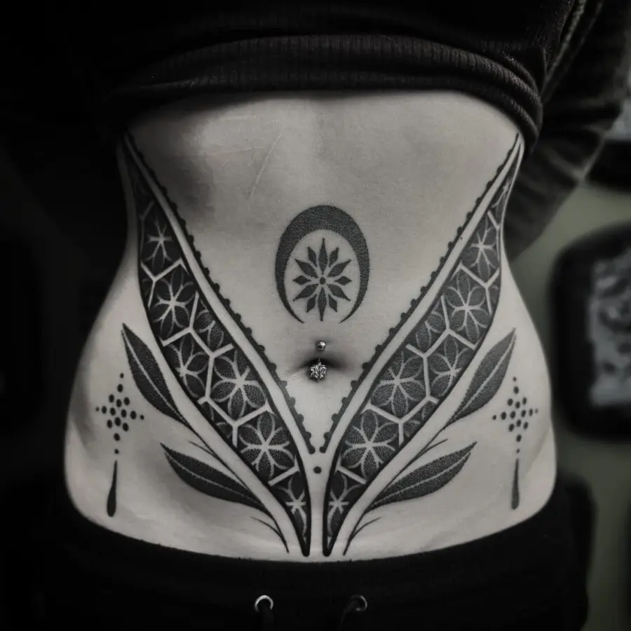 Intricate floral design on the stomach