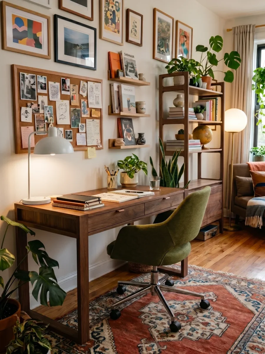 Cozy Study Desk with Green Accents and Art