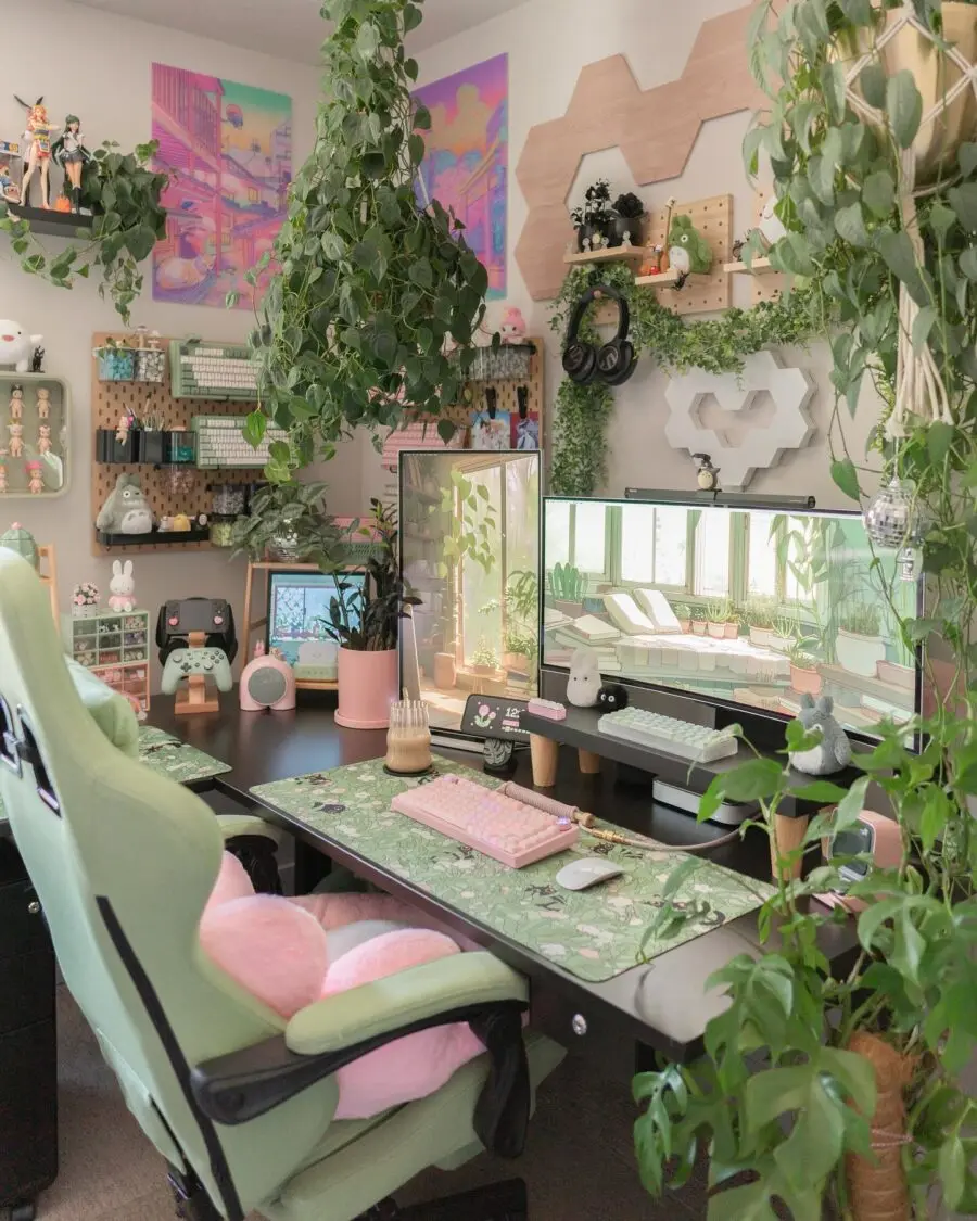 A cozy, plant-filled gaming study desk setup