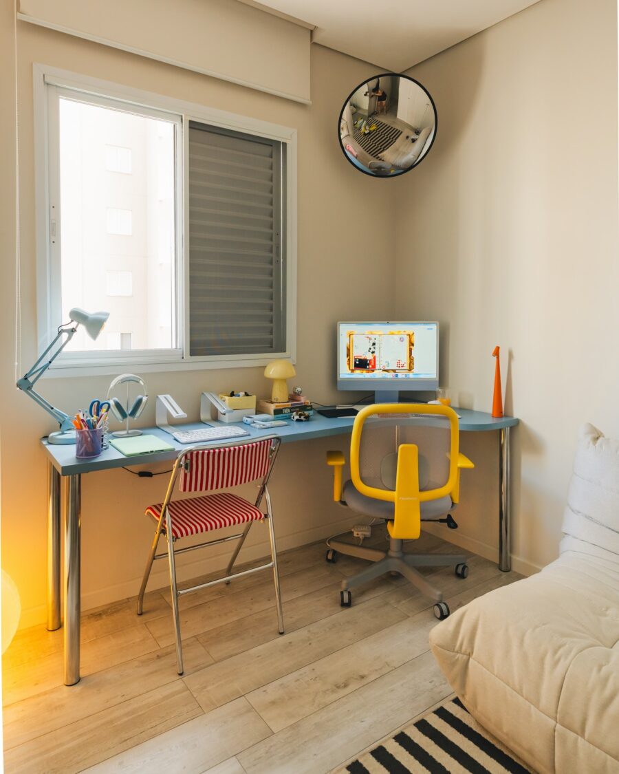 Bright and colorful home office decor in focus