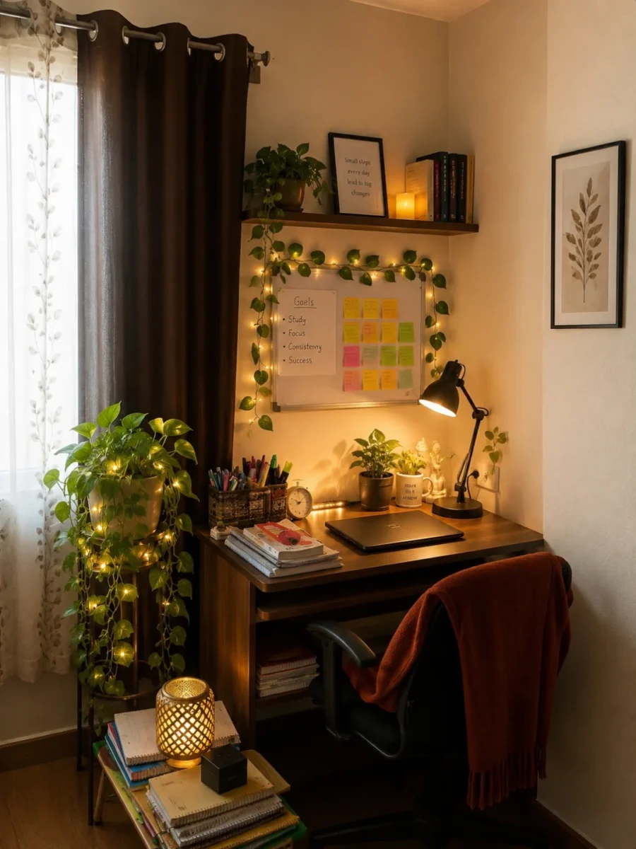 Cozy Study Desk with Charming Decor Elements